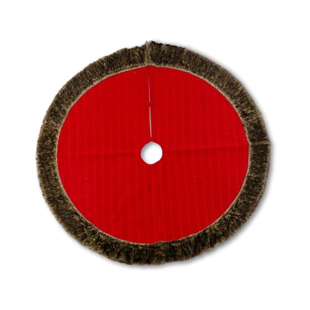 K&K Interiors, Inc. 48In Red Cable Knit Tree Skirt With Brown Fur Trim, Red